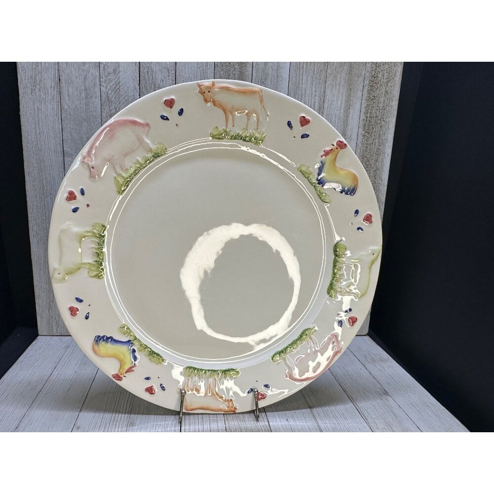 Vtg Stefani Farmhouse Animals Pig Rooster Cow 12.5" Dinner Plate Charger Set 2 - Picture 2 of 10